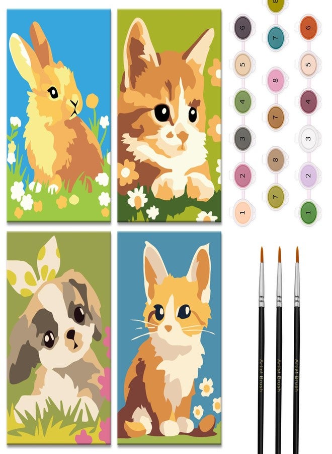 Nariolar 4 Pack Paint by Numbers Kit for Kids Ages 4-6 with 4.7X3.1inch Pre-Printed Cardboard,Acrylic Paint Pots and 3 Painting Brushes，Creative Gifts for Kids（Kitten and Rabbit - Image 1